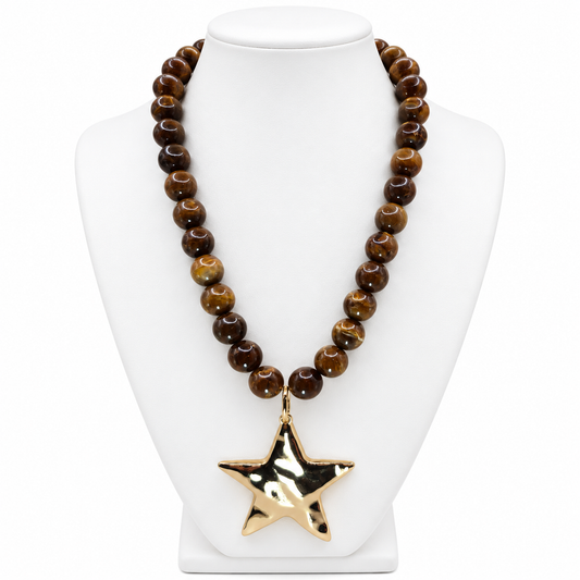 Hammered Gold Star Beaded Statement Necklace