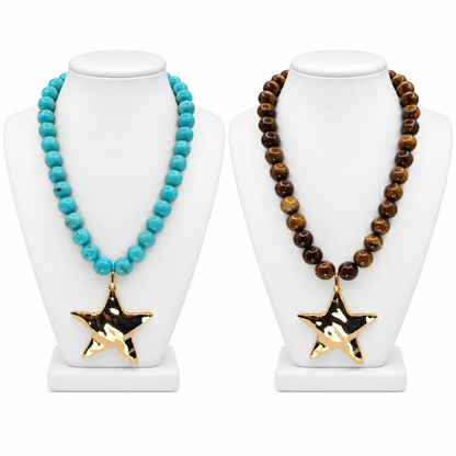 Hammered Gold Star Beaded Statement Necklace