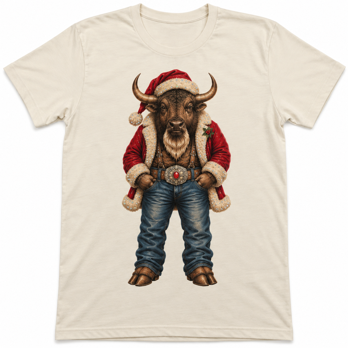 Buffalo Santa T-Shirt on Natural with Crystals