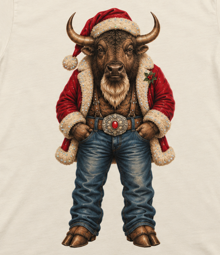 Buffalo Santa T-Shirt on Natural with Crystals
