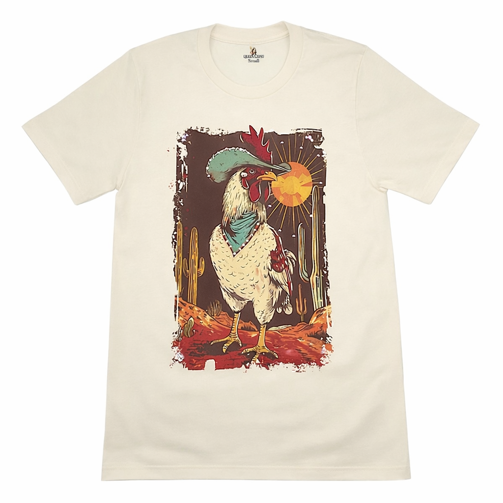 Country Rooster T-Shirt on Natural with Crystals