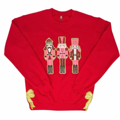 QG Red Trio Nutcracker Sequin Patch with Bows Sweatshirt on Red