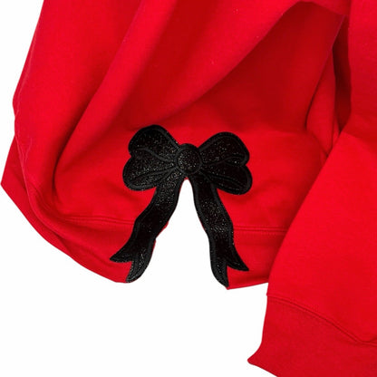 QG Red Grinch Sequin Patch with Bows sweatshirt on Red
