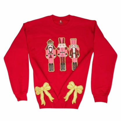 QG Red Trio Nutcracker Sequin Patch with Bows Sweatshirt on Red