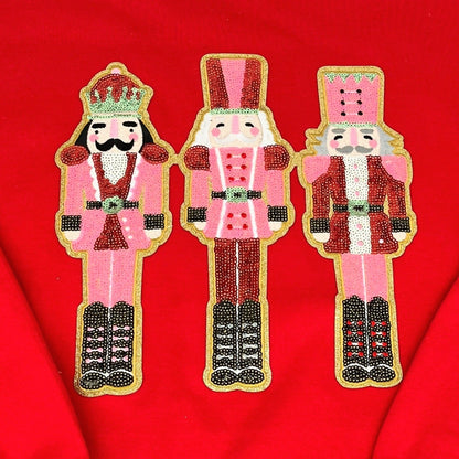 QG Red Trio Nutcracker Sequin Patch with Bows Sweatshirt on Red