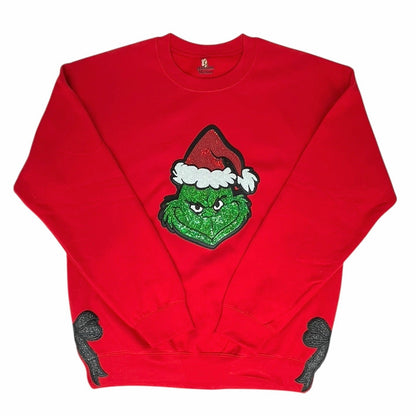 QG Red Grinch Sequin Patch with Bows sweatshirt on Red