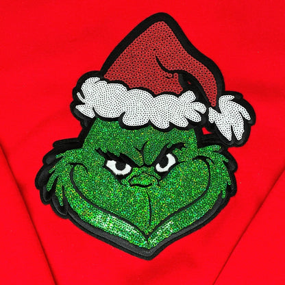 QG Red Grinch Sequin Patch with Bows sweatshirt on Red
