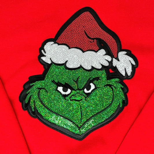 QG Red Grinch Sequin Patch with Bows sweatshirt on Red
