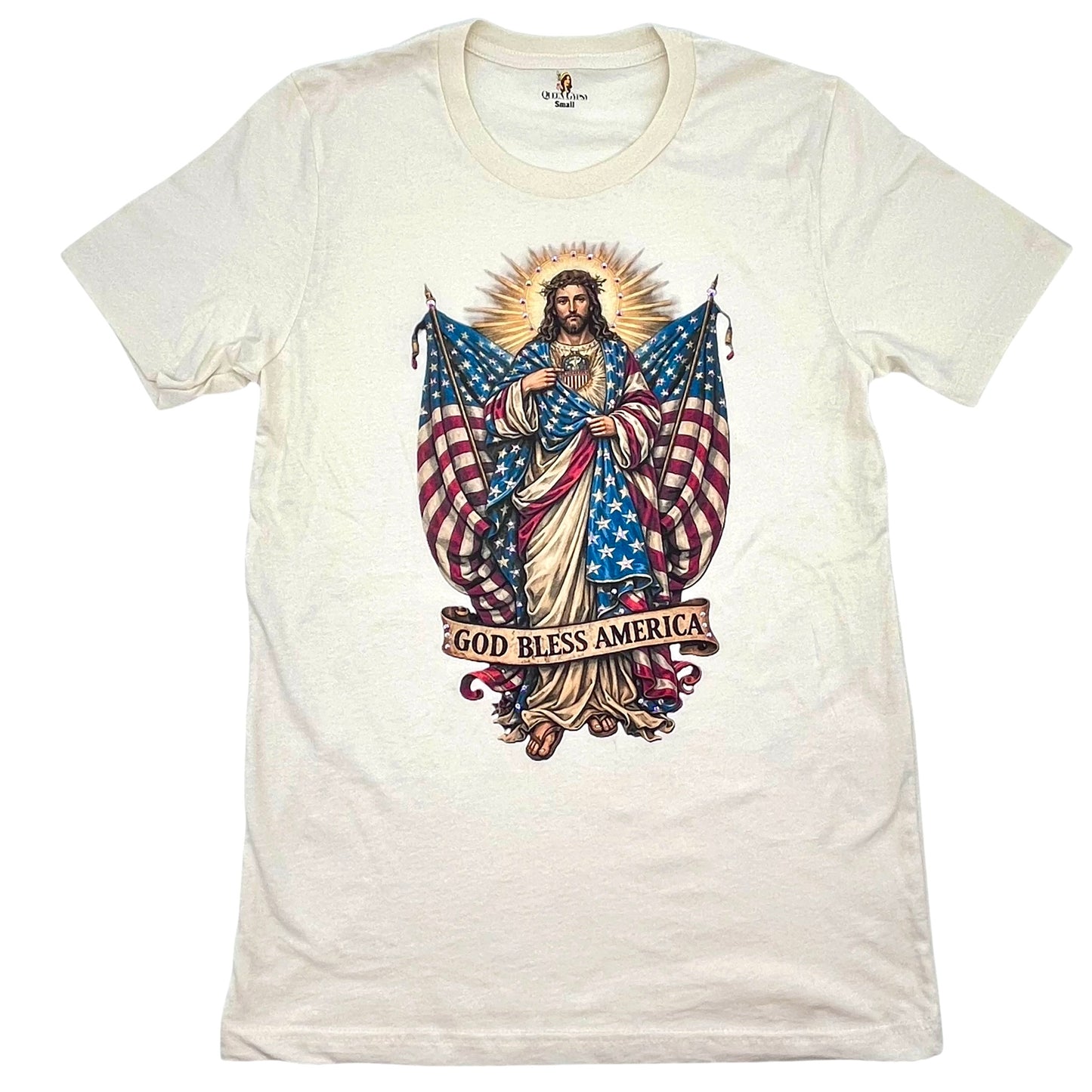 Jesus-God Bless America T-Shirt on Natural with Crystals