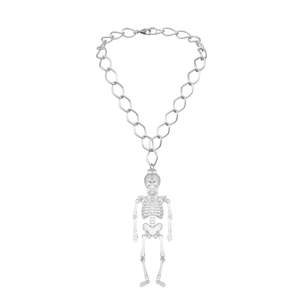 Clear Skeleton Pendant Necklace with Moving Limbs on Silver Chain