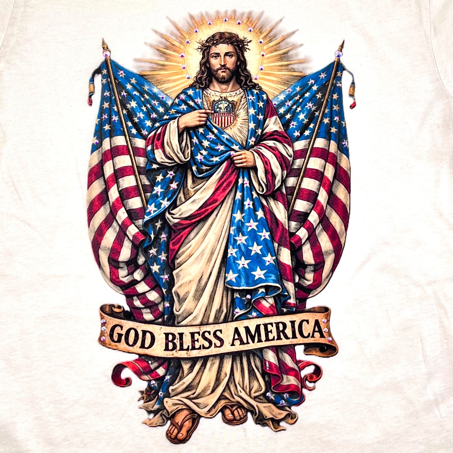Jesus-God Bless America T-Shirt on Natural with Crystals