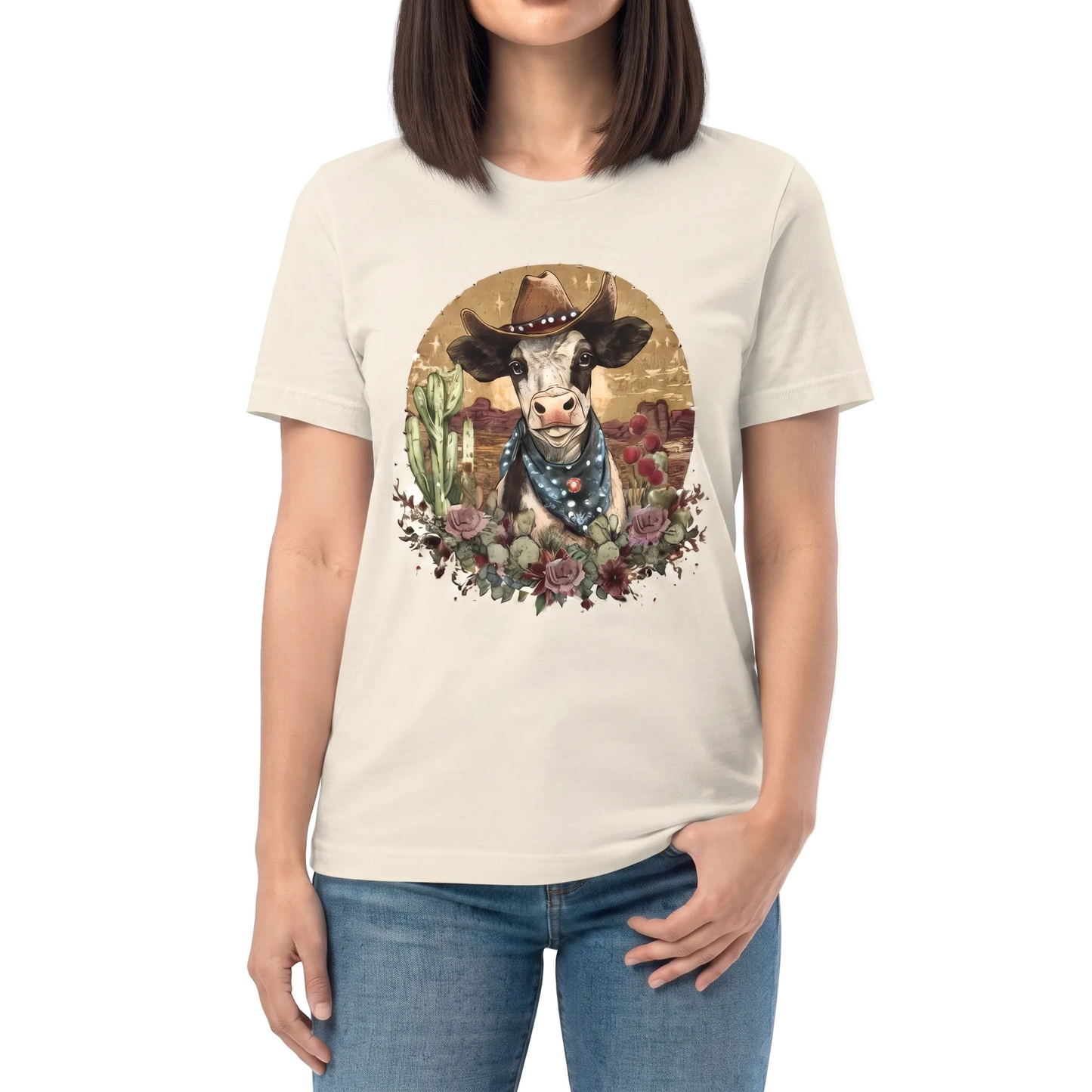 Desert Rodeo Cow Tee on Natural with Crystals