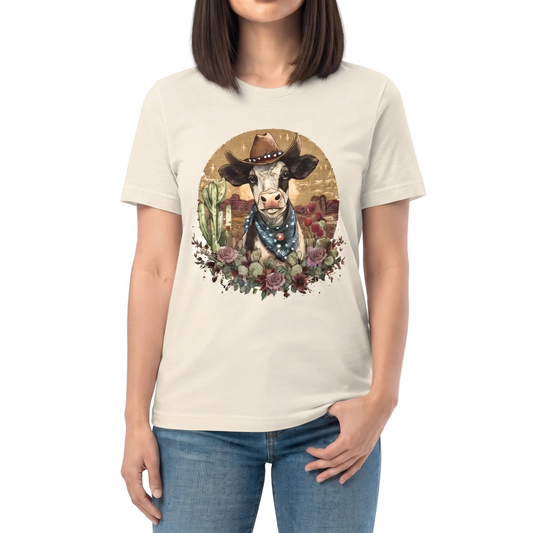 Desert Rodeo Cow Tee on Natural with Crystals