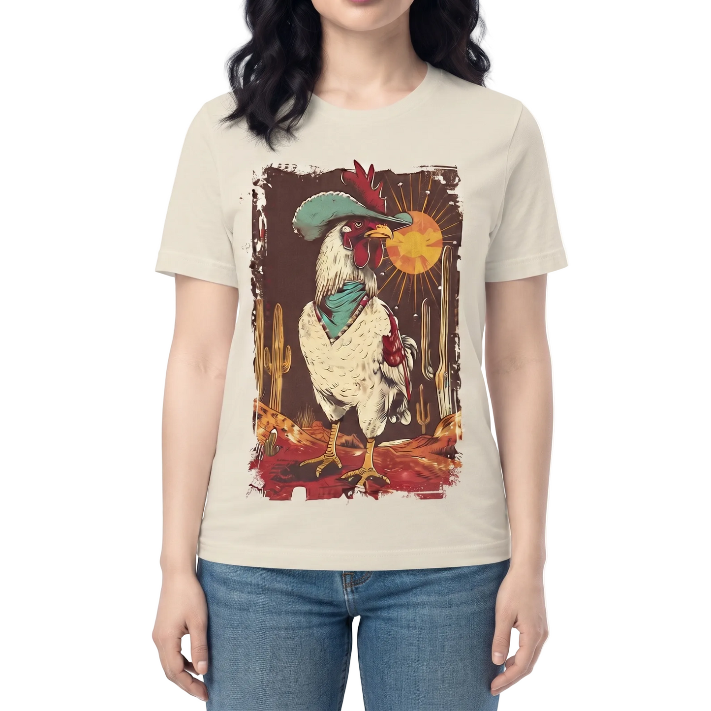 Country Rooster T-Shirt on Natural with Crystals