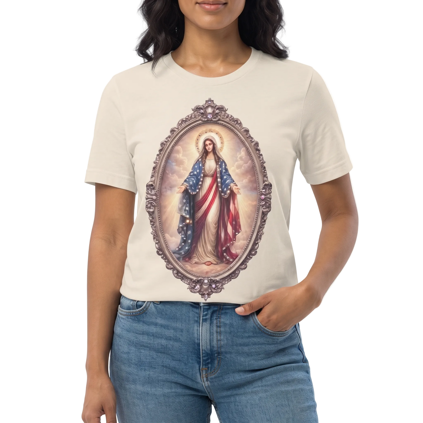 Virgin Mary USA T-Shirt on Natural with Crystals