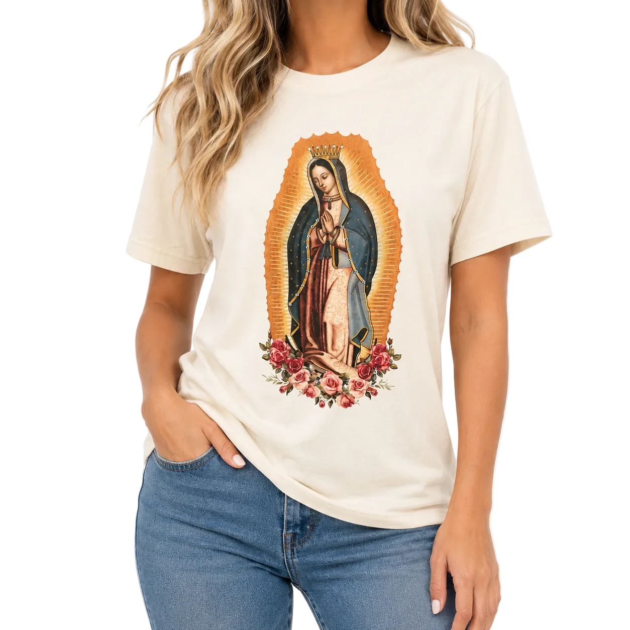 Guadalupe On Natural T-shirt with Crystals