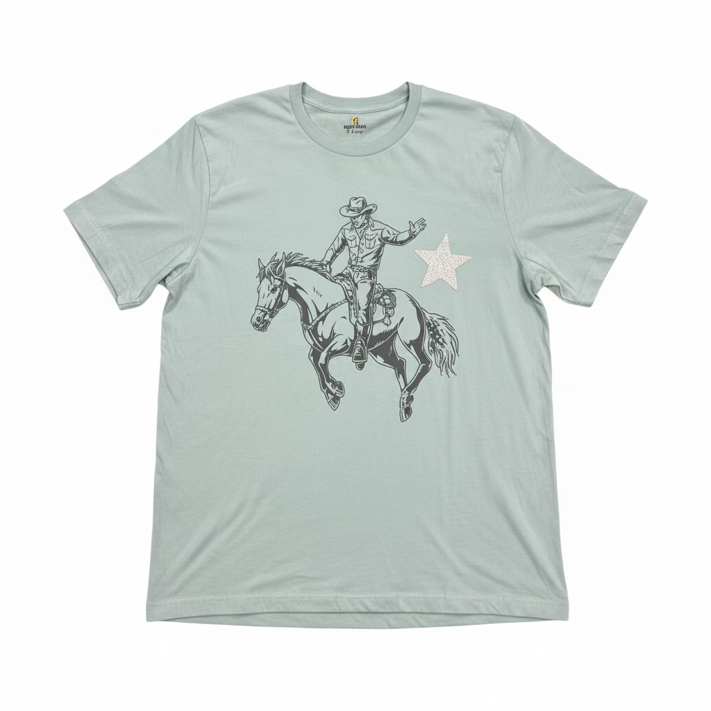 Buckin' Broncos T-Shirt on Dust Blue with Star and Crystals