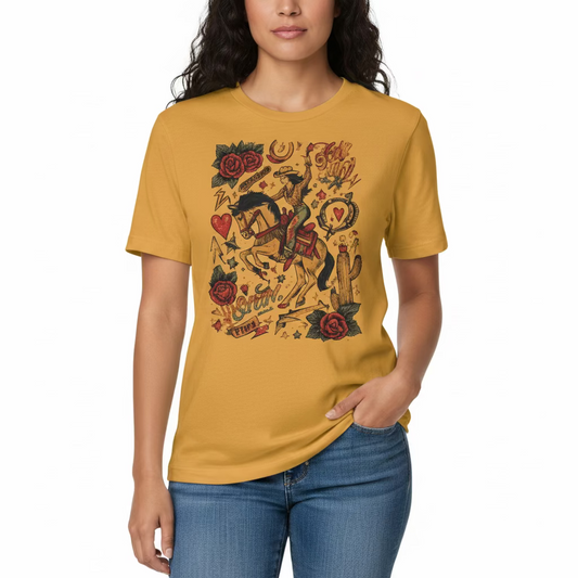 QG-Tattoo Rodeo T-shirt on Mustard