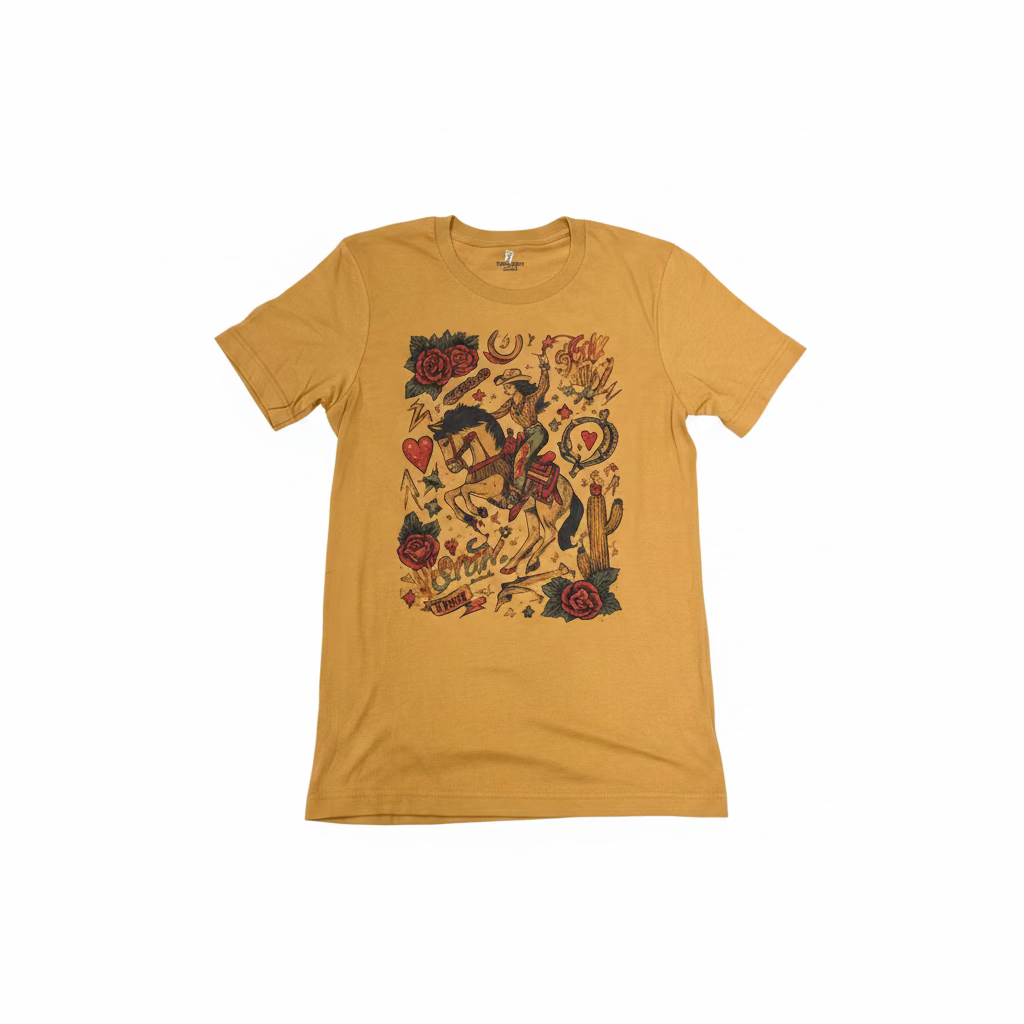 QG-Tattoo Rodeo T-shirt on Mustard