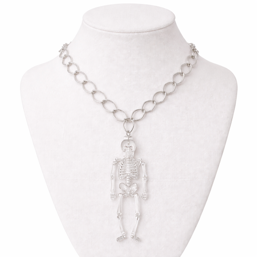 Clear Skeleton Pendant Necklace with Moving Limbs on Silver Chain