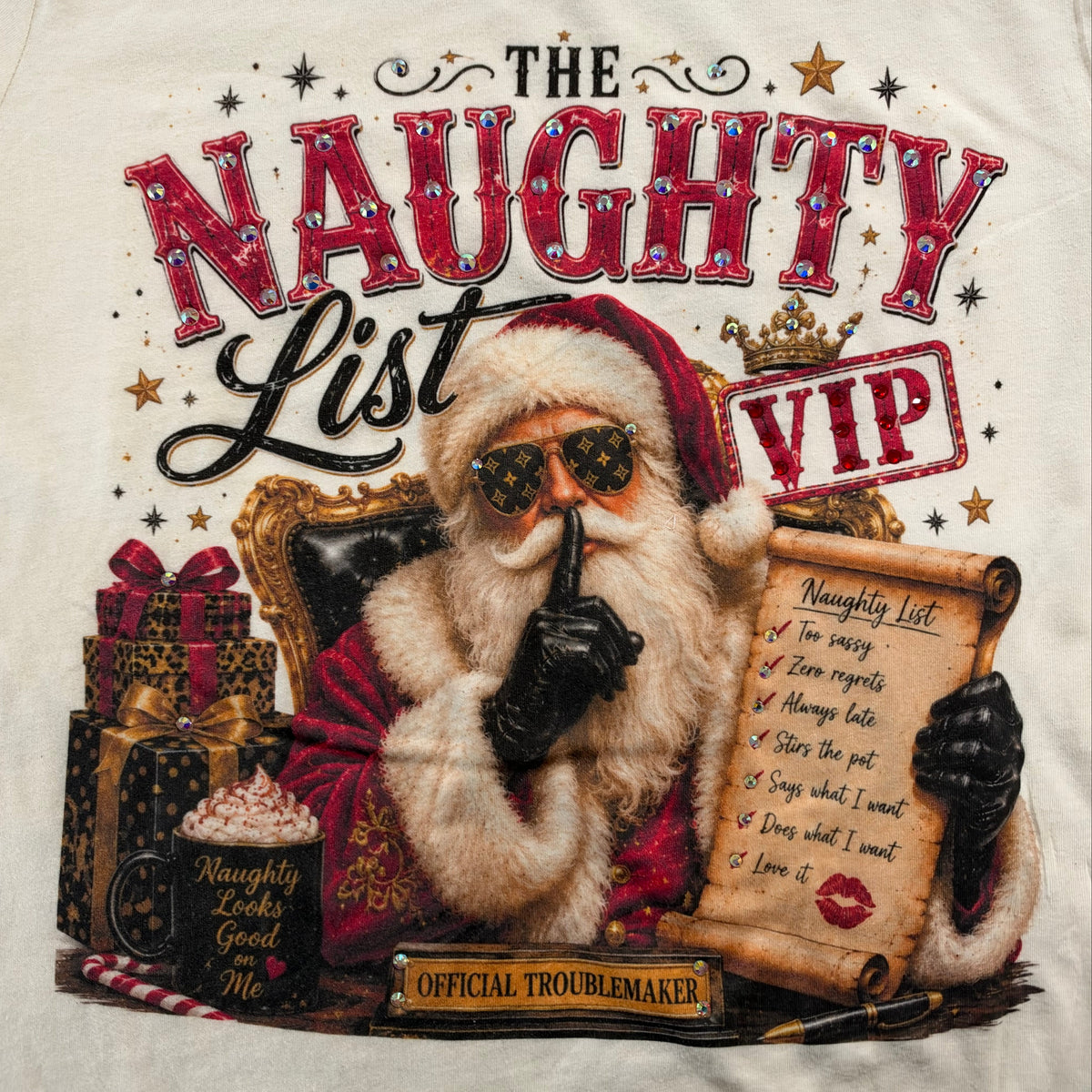 Naughty List VIP T-Shirt on Natural with Crystals