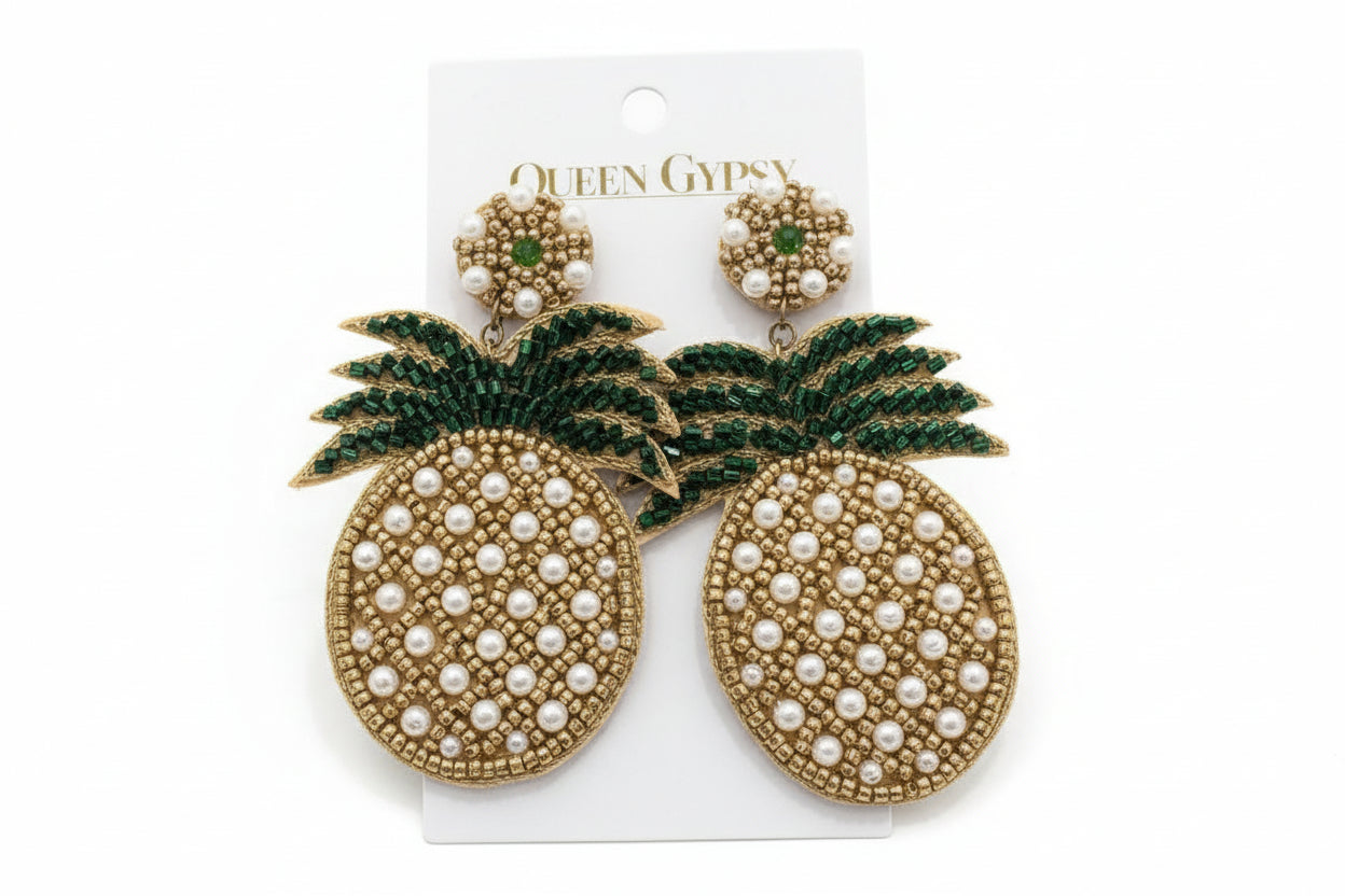 Beaded Pineapple with Pearl Earrings