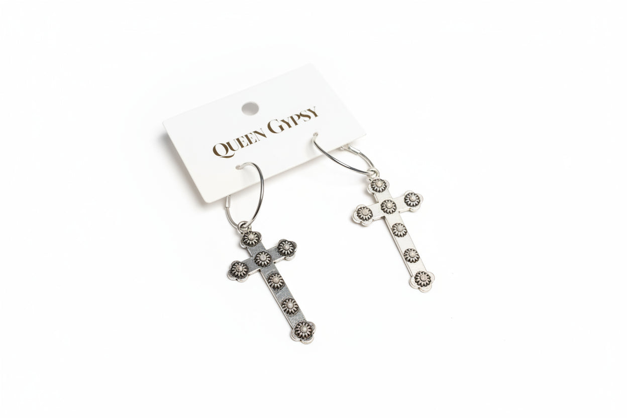QG-Hoop Cross Earring with Pearl