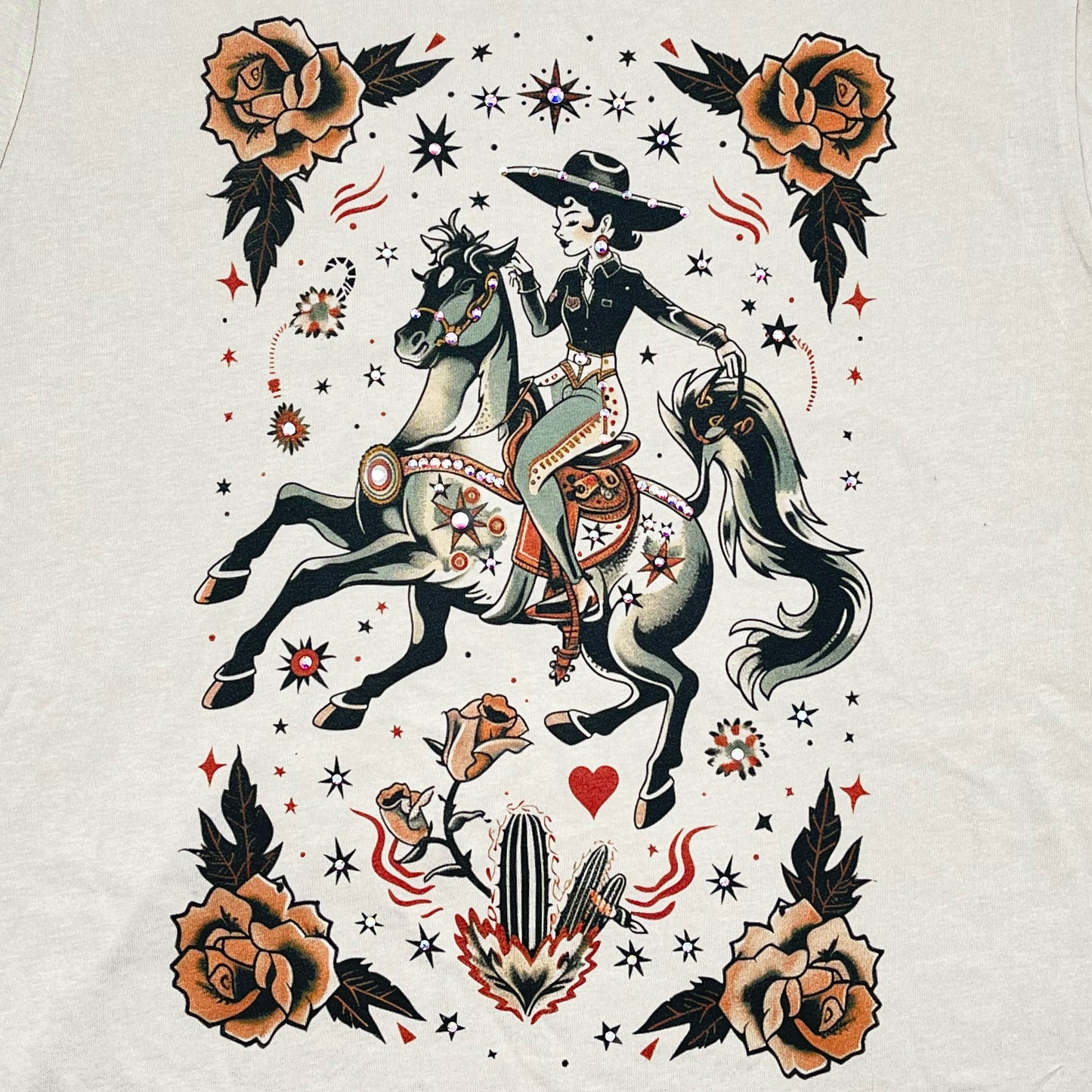 Vaquera Tattoo T-shirt on Natural with Crystals