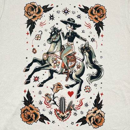 Vaquera Tattoo T-shirt on Natural with Crystals