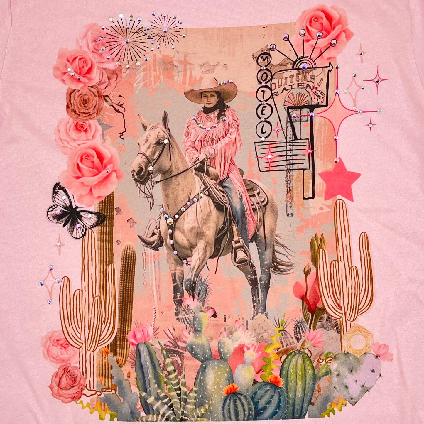 Motel Cowgirl T-Shirt on Pink with Crystals