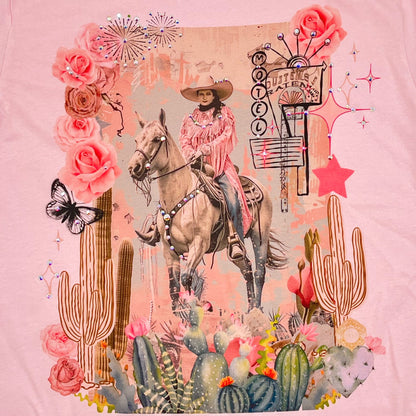 Motel Cowgirl T-Shirt on Pink with Crystals