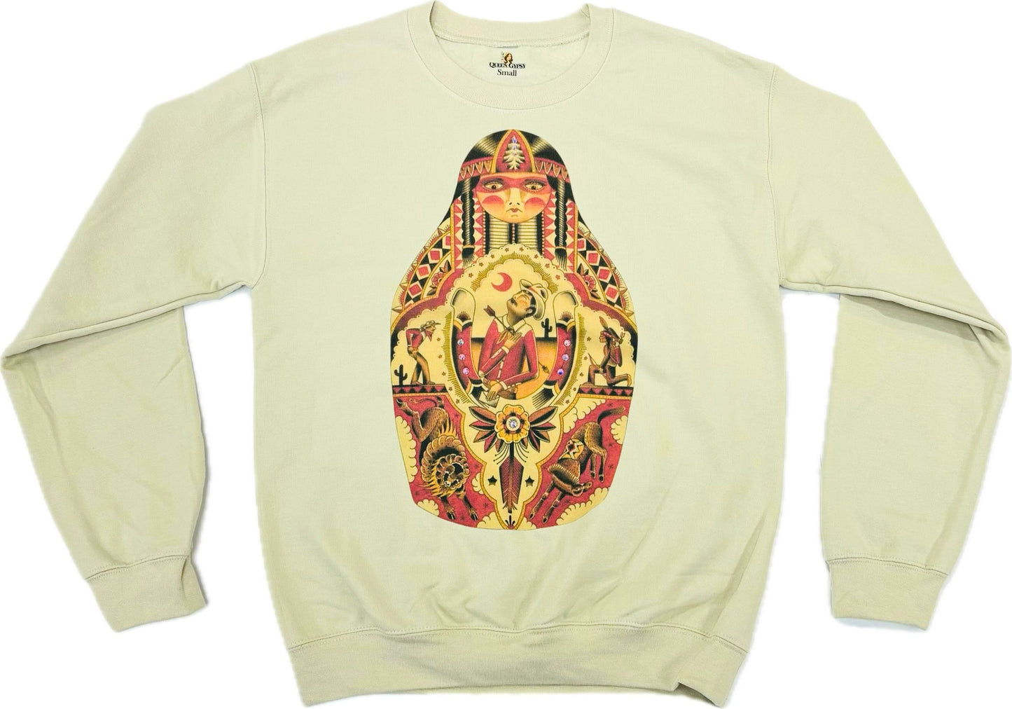 Indian Nesting Doll Sweatshirt on Tan with Crystals