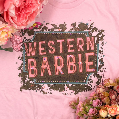 Western Barbie T-Shirt on Pink with Crystals
