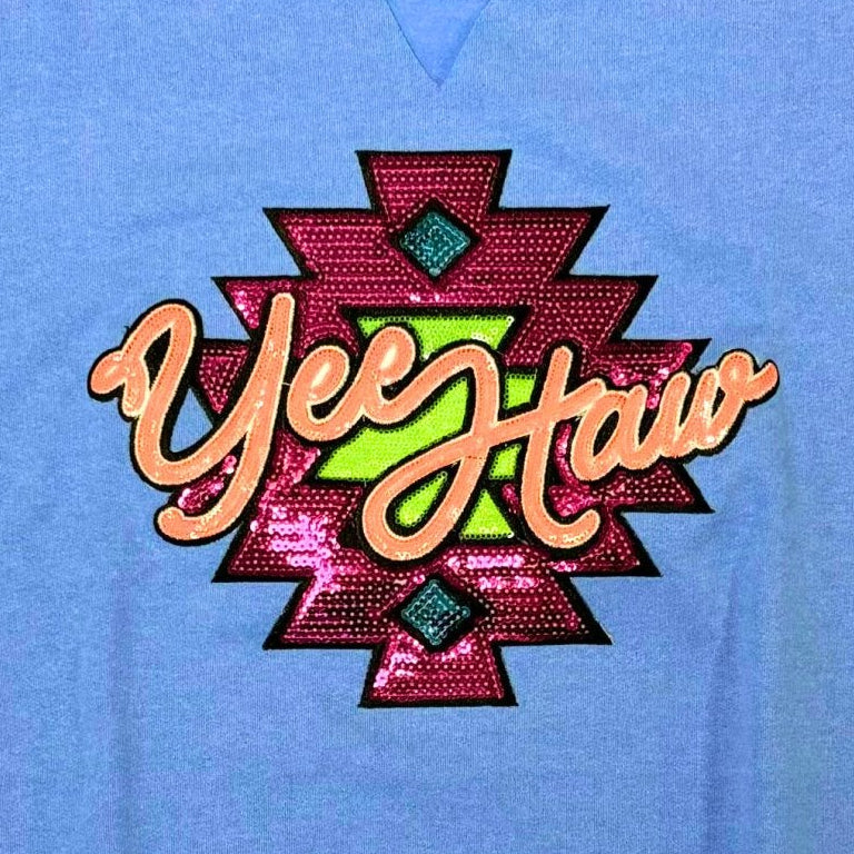 Yee Haw Sequin Patch Sweatshirt on Carolina Blue