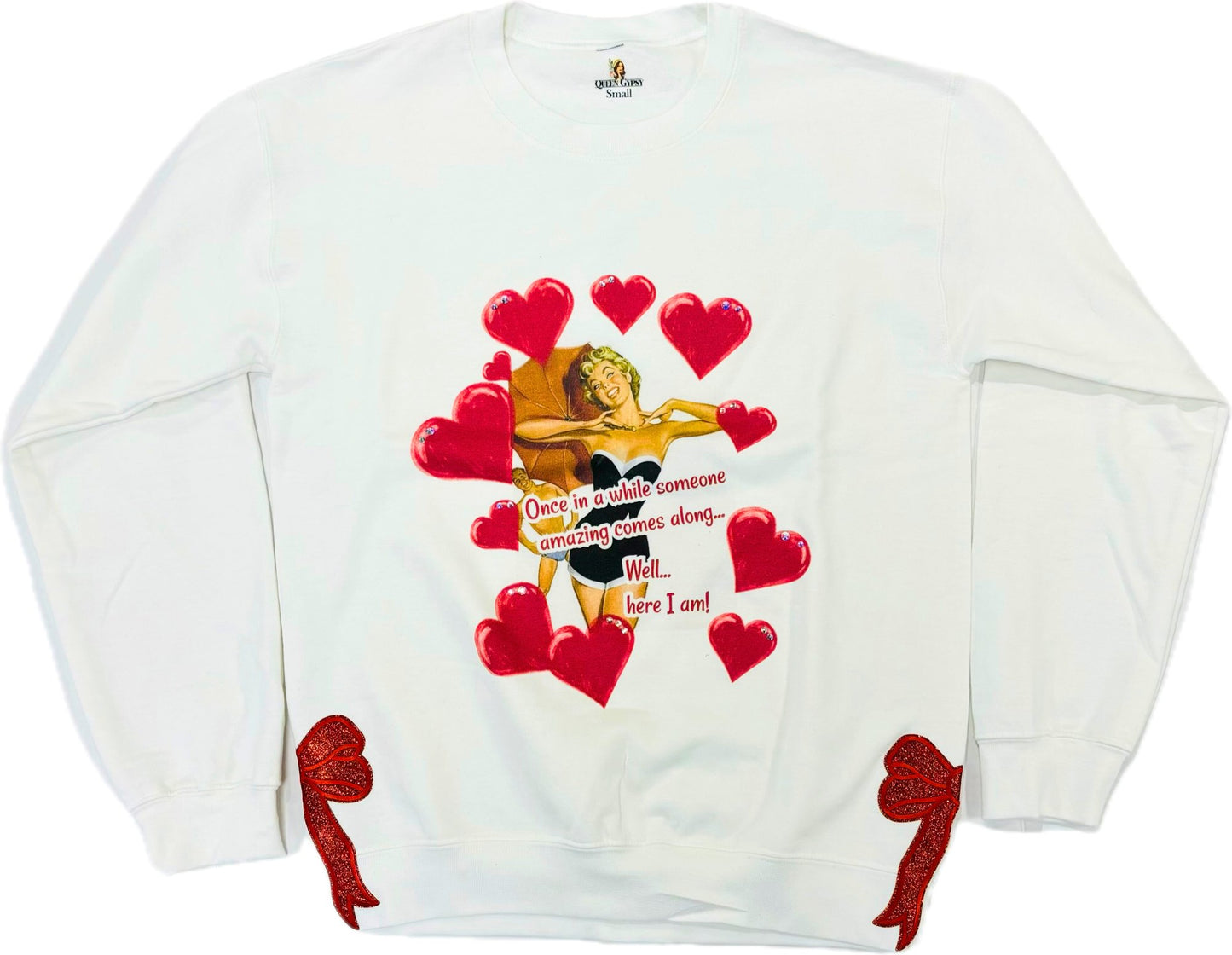 Pin Up Valentine Sweatshirt on White with Side Bow patch and crystals