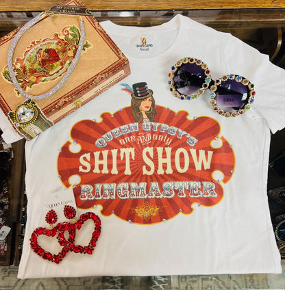 Ringmaster Shit Show on White T-shirt with Crystals