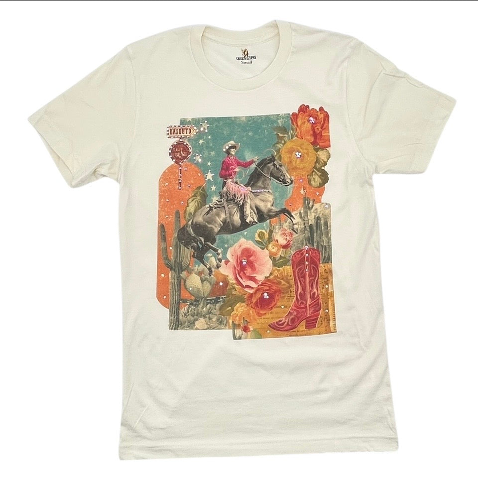 Pop Art Cowgirl T-shirt on Natural with Crystals