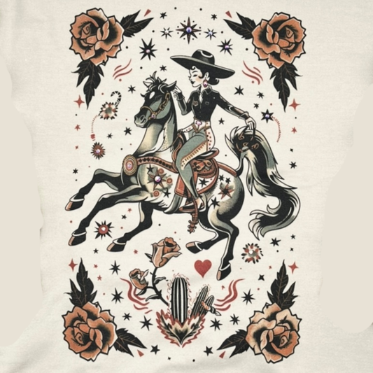 Vaquera Tattoo Sweatshirt on Tan with crystals