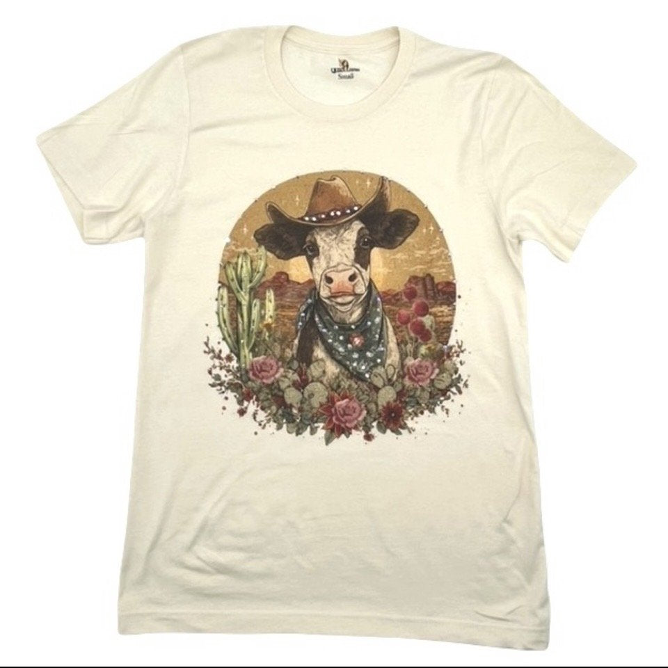 Desert Rodeo Cow Tee on Natural with Crystals