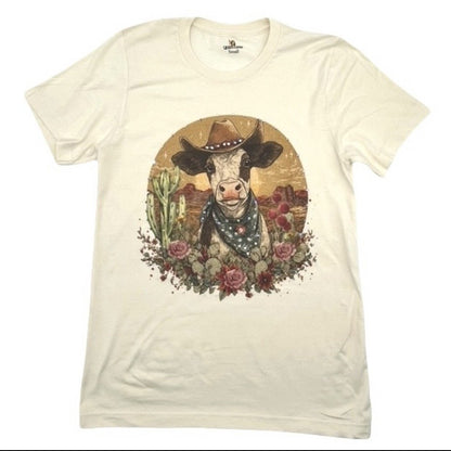 Desert Rodeo Cow Tee on Natural with Crystals