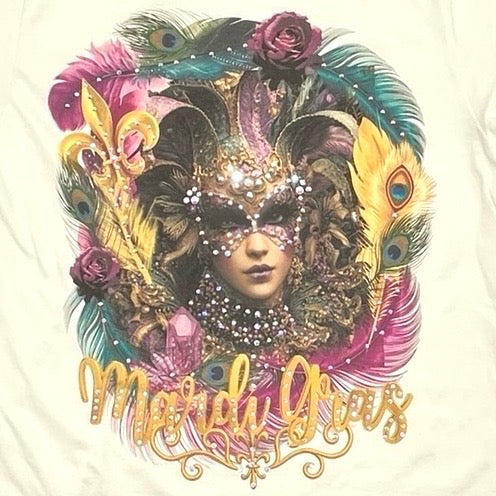 Mardi Gras Mask T-Shirt on Natural with Crystals
