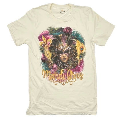 Mardi Gras Mask T-Shirt on Natural with Crystals
