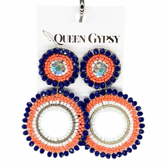 Orange Blue beaded earrings with crystal