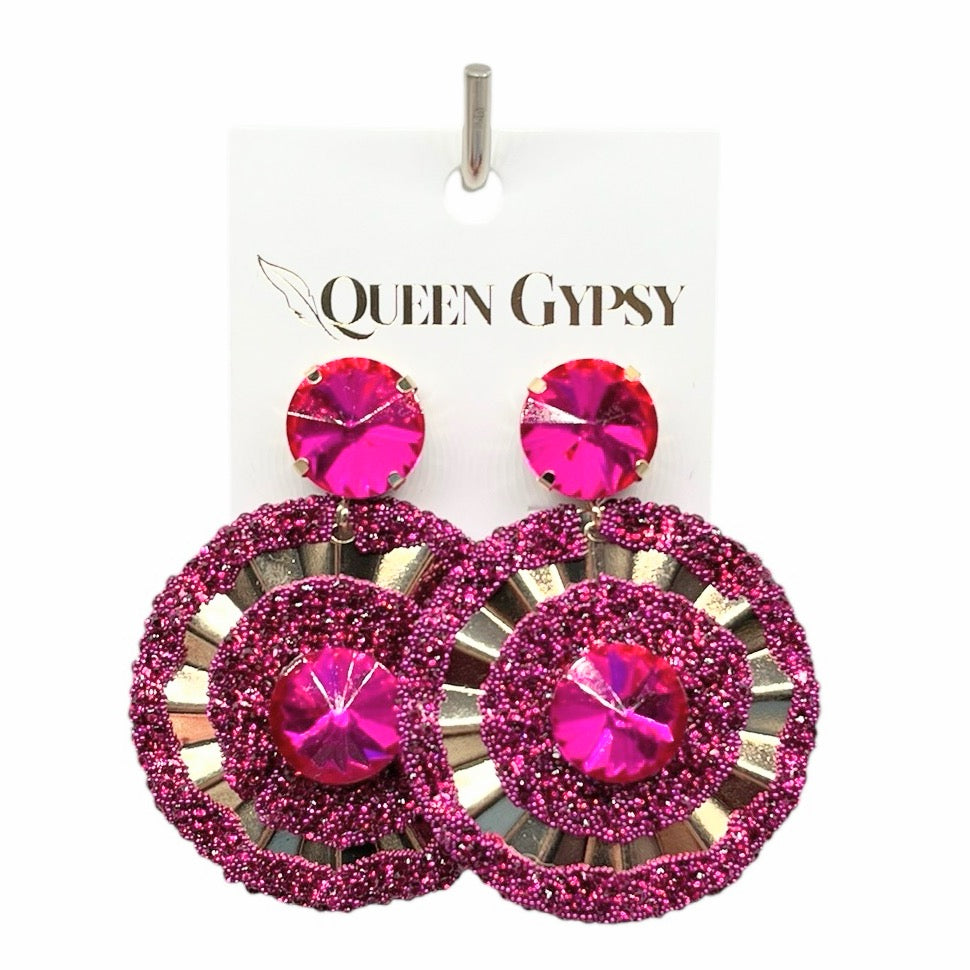Crystal and metal medallion statement earrings