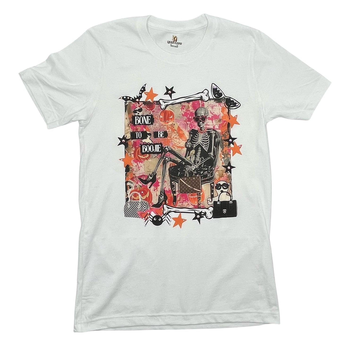 Bone to be Bougie T-Shirt on White wih Crystals