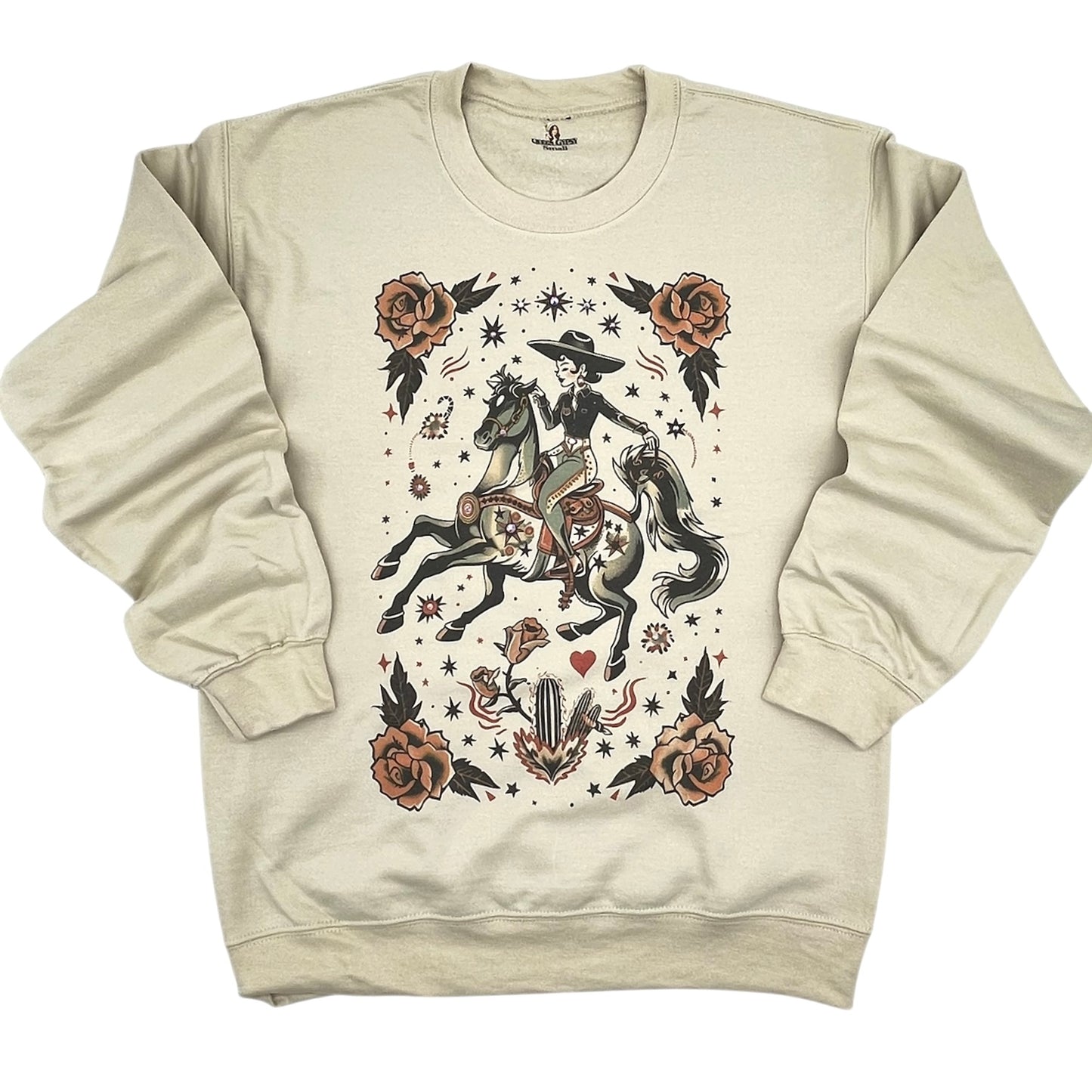 Vaquera Tattoo Sweatshirt on Tan with crystals