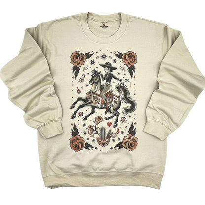 Vaquera Tattoo Sweatshirt on Tan with crystals