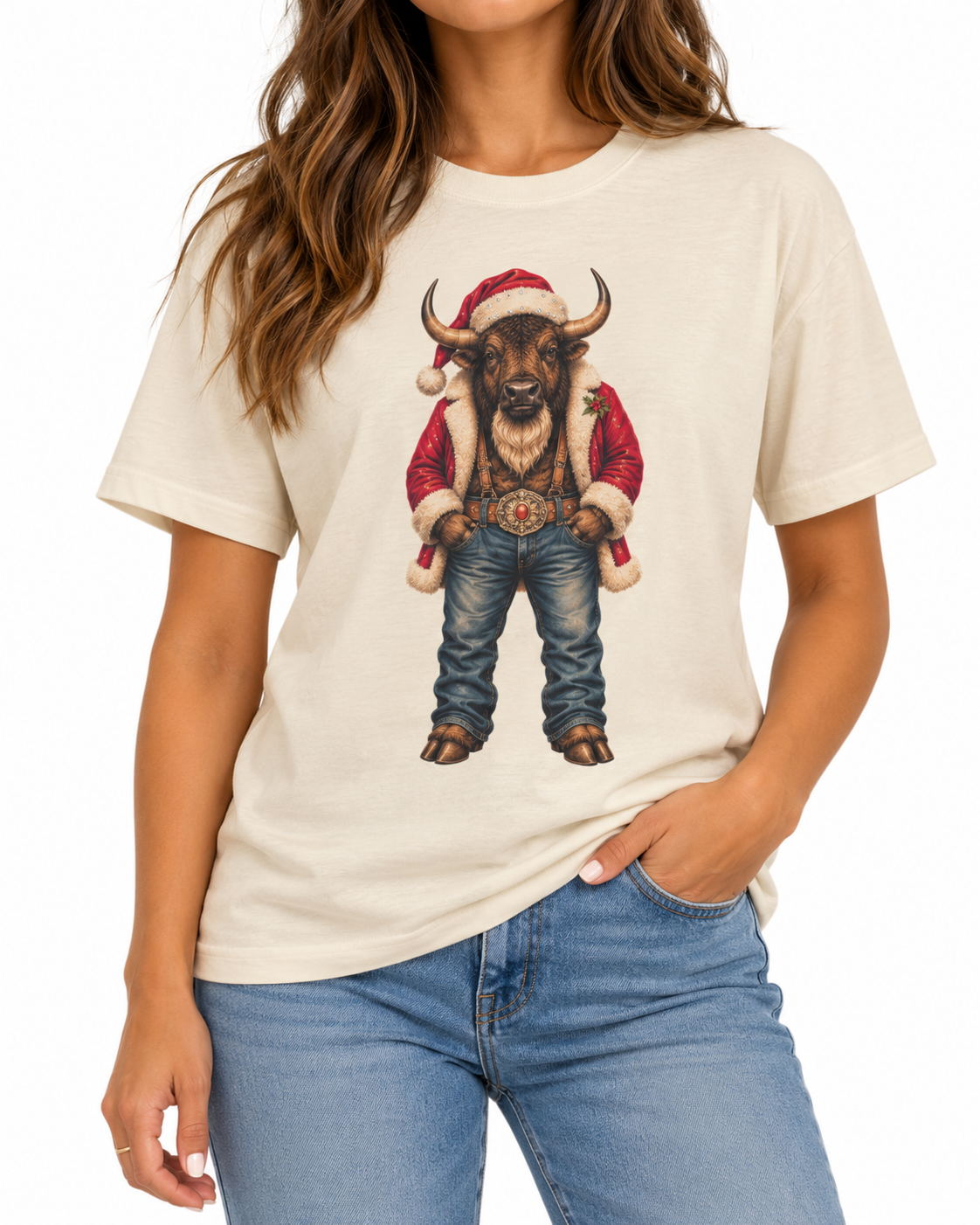 Buffalo Santa T-Shirt on Natural with Crystals