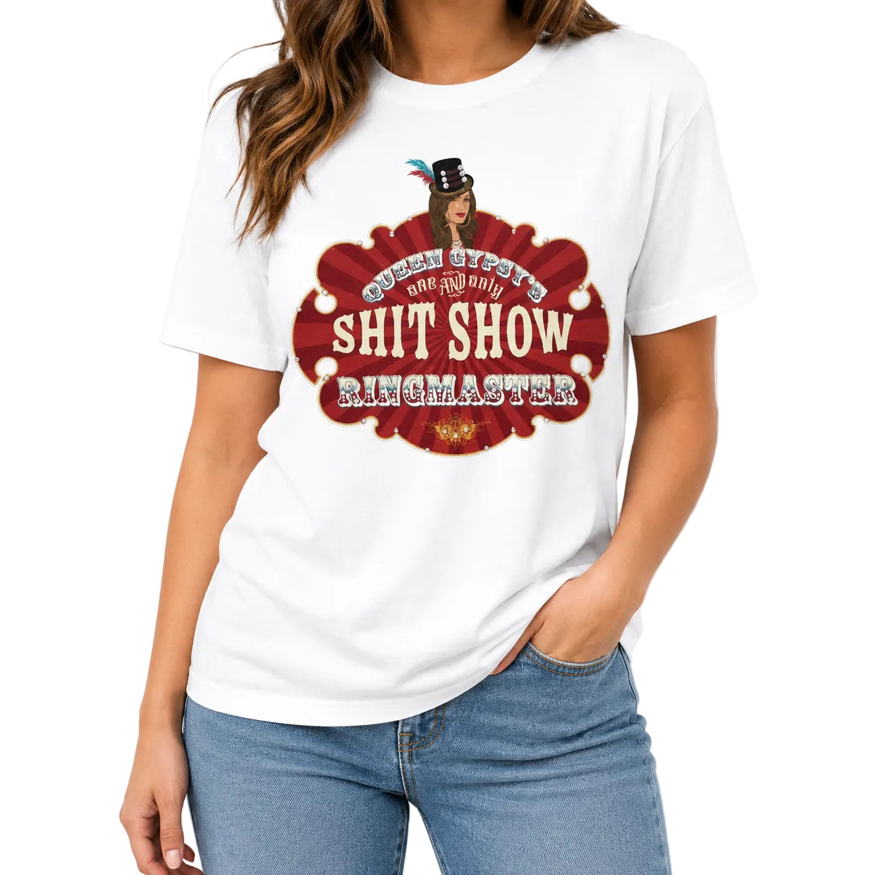 Ringmaster Shit Show on White T-shirt with Crystals
