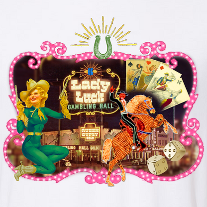 Lady Luck on White T-shirt W/Crystals